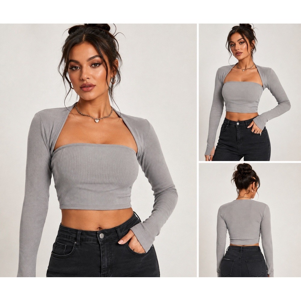 Pitaya FWD Ribbed Long Sleeve Shrug Crop Top Gray M/L NWT Y2K Stretch